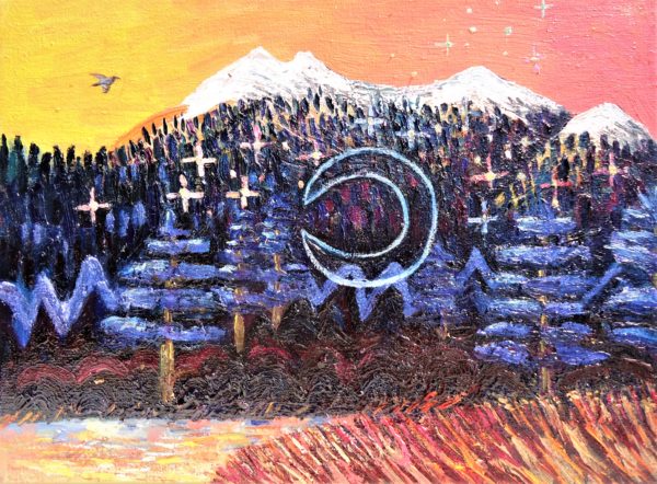 colorful oil painting of mount tallac, desolation wilderness, lake tahoe california