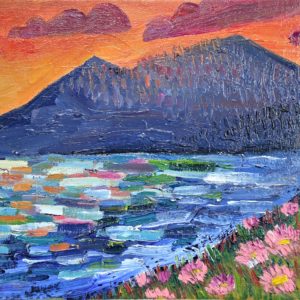 colorful oil painting of pole mountain and the ocean on the coast of california
