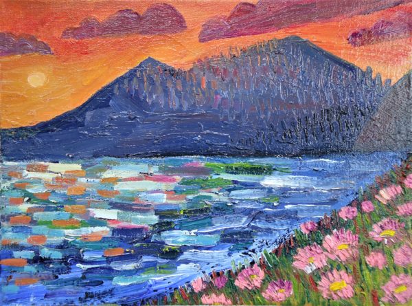 colorful oil painting of pole mountain and the ocean on the coast of california