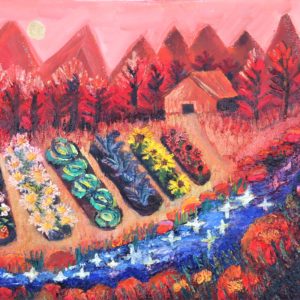 colorful oil painting of a barn house and abundant farm with flowing creek sparkling in the sun
