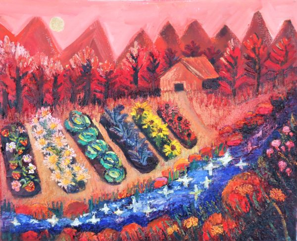 colorful oil painting of a barn house and abundant farm with flowing creek sparkling in the sun