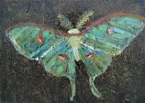 iridescent painting of a luna moth