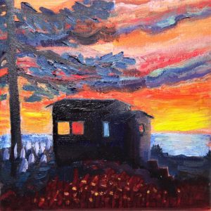 oil painting of a tiny house by the ocean at sunset