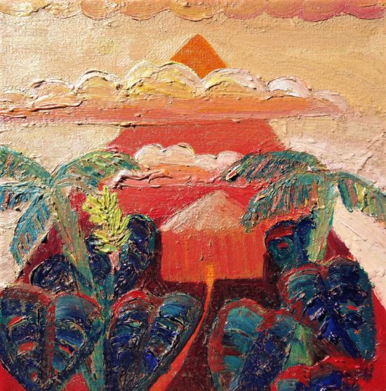 tropical forest orange oil painting of banana trees, monstera and a hut in the cloud forest