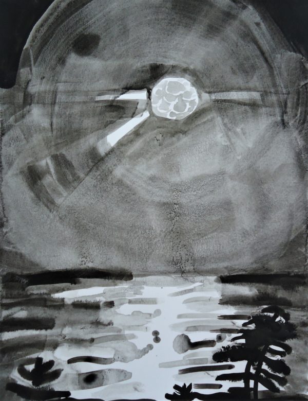 ink painting of a full moon over the ocean