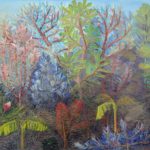 oil paintng of a garden of exotic plants painted with iridescent paint