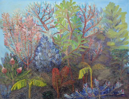oil paintng of a garden of exotic plants painted with iridescent paint