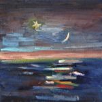 oil painting of a star and crescent moon over the ocean